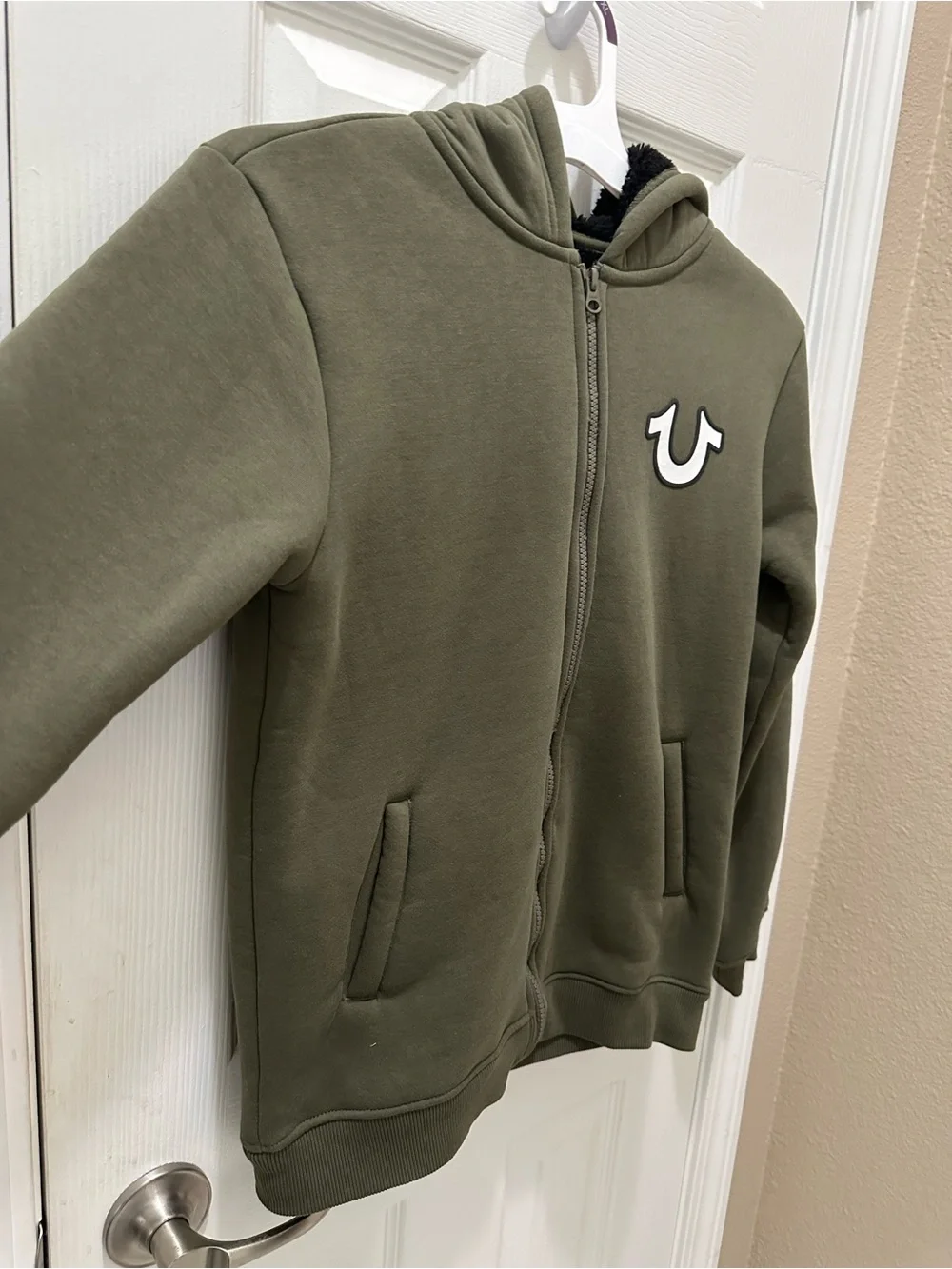 True Religion Olive Green Graphic Fleece-Lined zip up jacket youth M 10/12